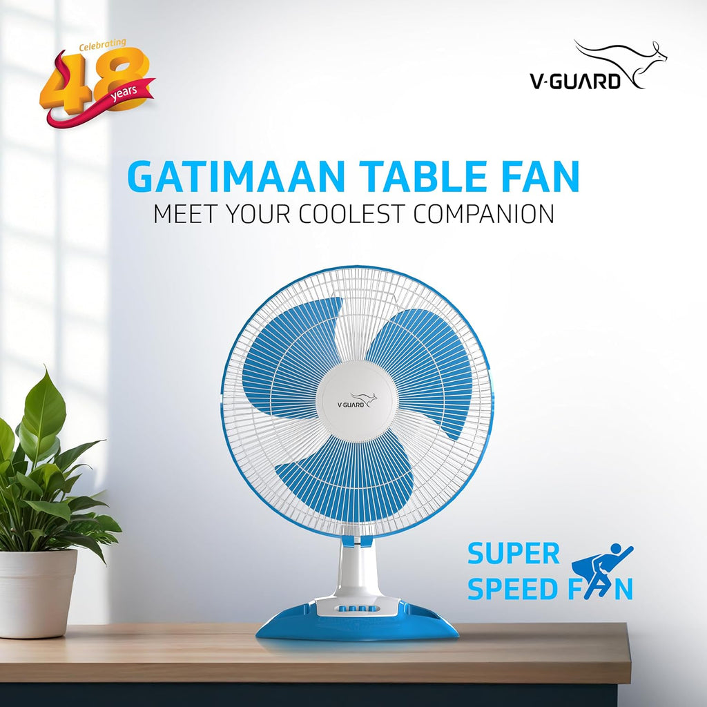 V-Guard Gatimaan High Speed 400mm Table Fan|2100 RPM Motor|White Blue