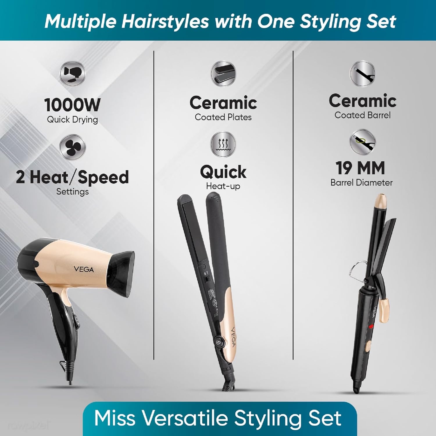 Vega Miss Versatile Styling Set Straightener, Curler & Dryer Gift Combo for Women, 1000W Hair Dryer with 2 Head/Speed Setting, Hair Straightener &...