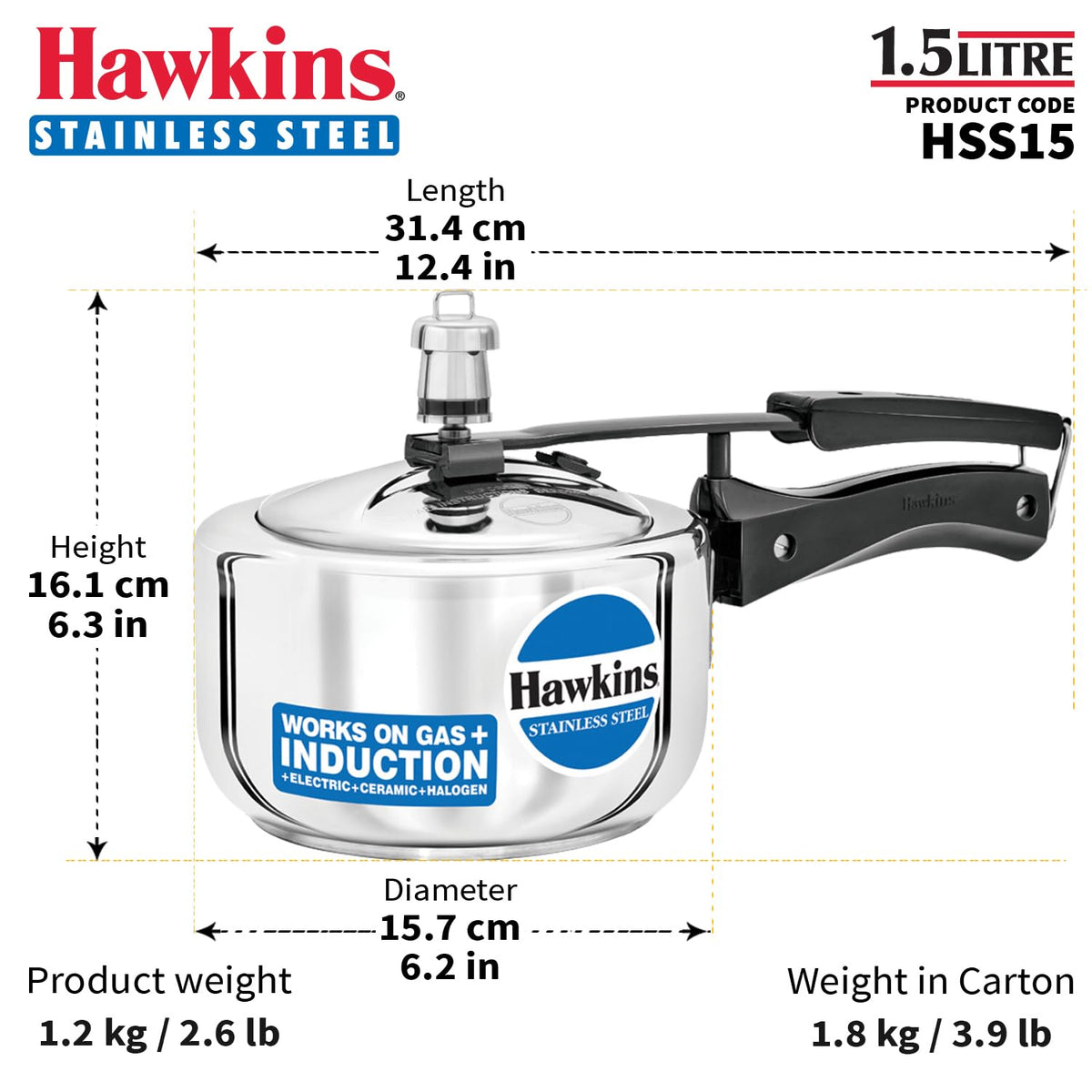Hawkins 1.5 Litre Stainless Steel Inner Lid Pressure Cooker, Induction Cooker, Silver (HSS15)