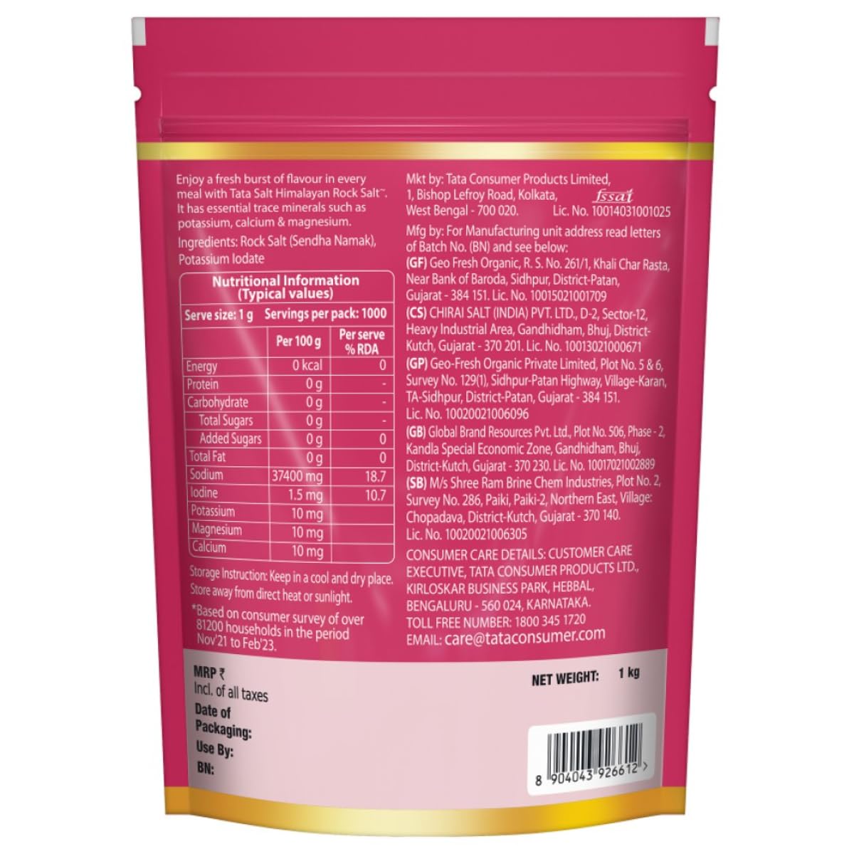 Tata Himalayan Rock Pink Salt, 1kg Pouch,