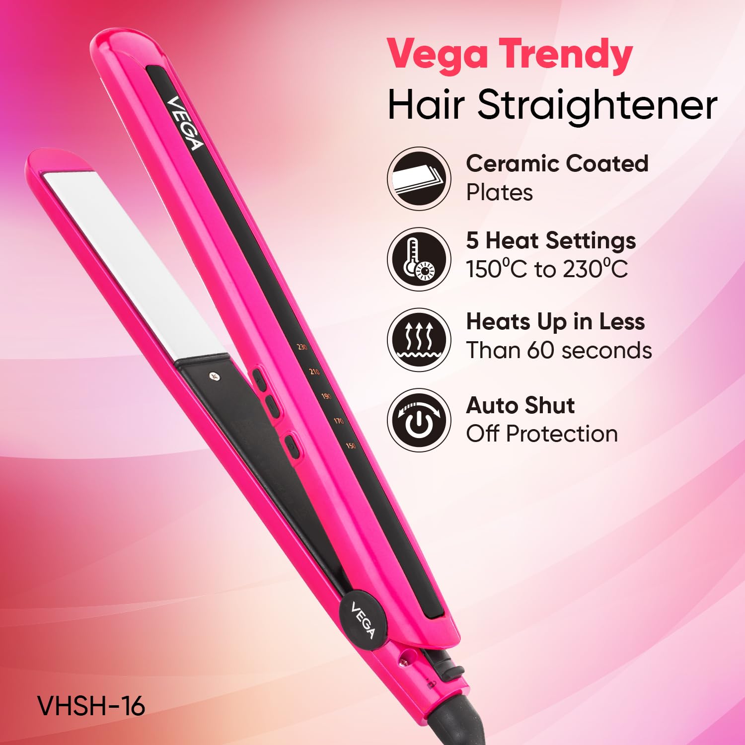 Vega Trendy Hair Straightener for Men and Women with Ceramic Coated Floating Plates, Temperature Setting