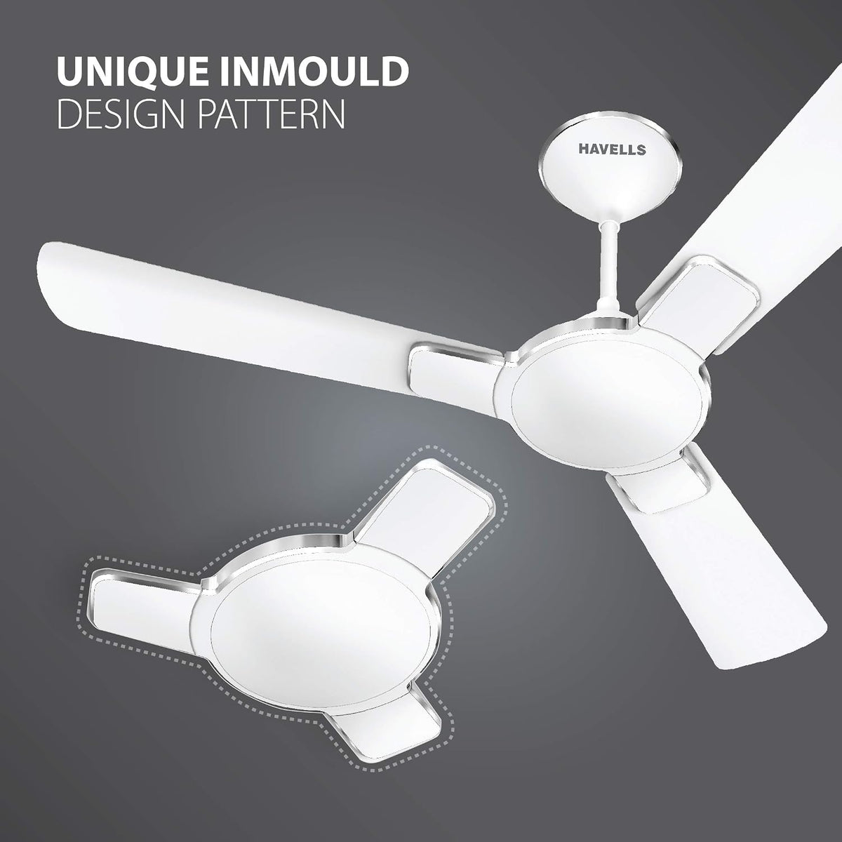 Havells Enticer 1200mm Decorative, Dust Resistant, High Power in Low Voltage (HPLV), High Speed Ceiling Fan (Matte White Chrome)