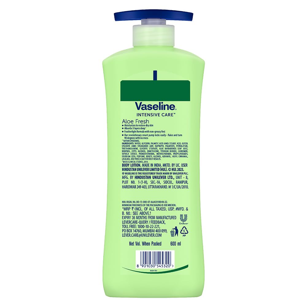 Vaseline Aloe Fresh Body Lotion,24 HR Long Lasting Moisturisation with Aloe Vera extract and Menthol, 600ml (Pack of 2)