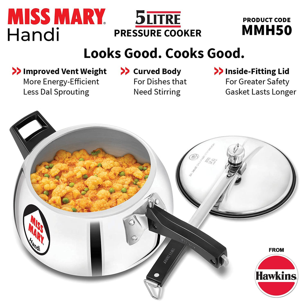 Hawkins Miss Mary Aluminium Inner Lid Handi Pressure Cooker, 3 Litre And 5 Litre, Combo Set, Silver, 3 Liter