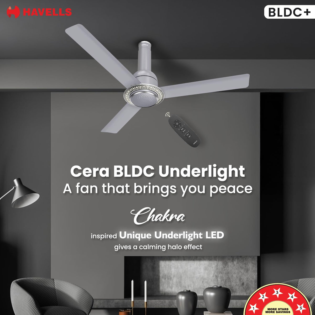 Havells CERA BLDC 1200mm Premium Underlight Ceiling Fan with 100% Pure Copper| Reverse Rotation | Remote Controlled | Watt: 35|Air Flow: 225 cmm|Speed: 350...