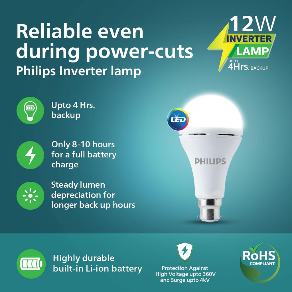 PHILIPS 12W Emergency Bulb | Rechargeable Emergency Bulb for Power Cuts | Backup : 4hrs, Crystal White, Pack of 1, b22d, LED
