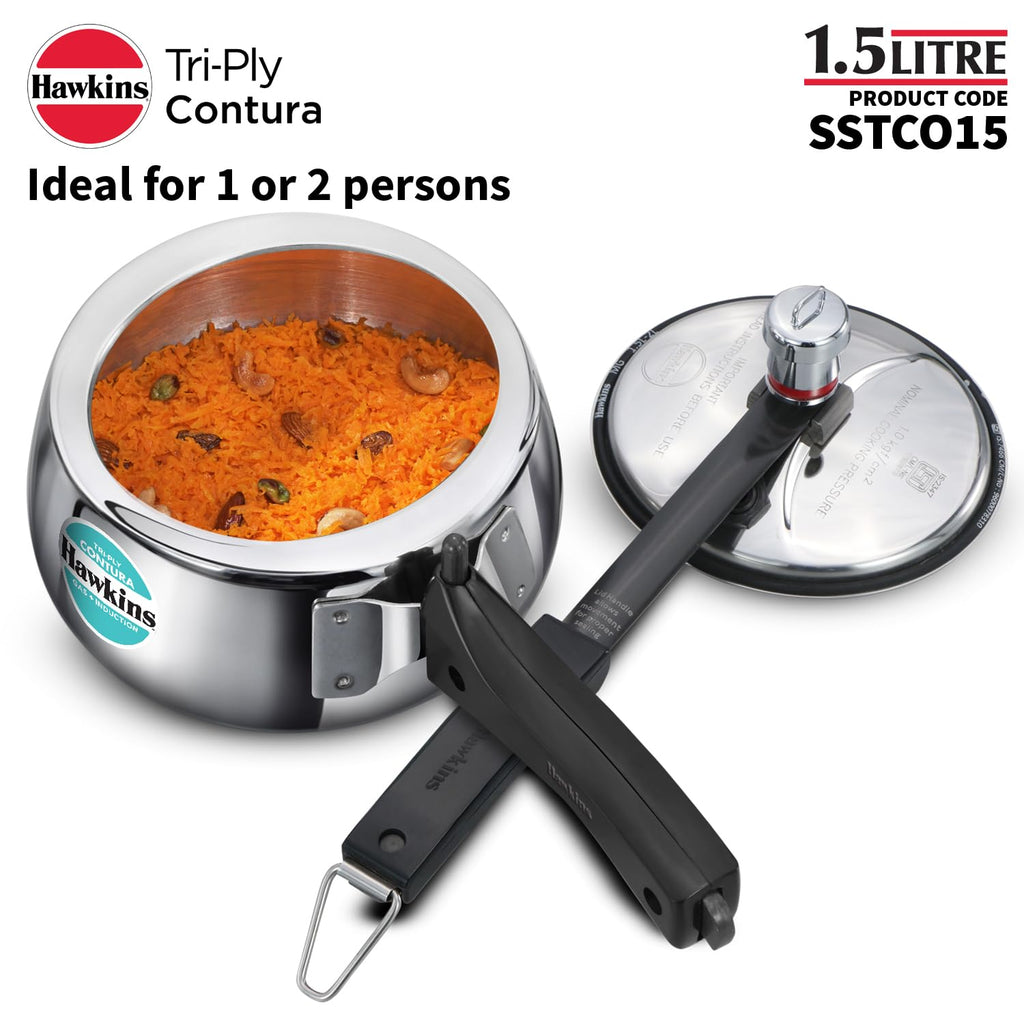 Hawkins Contura 1.5 Litre Stainless steel Pressure Cooker | Curved Body | Induction Compatible | Ideal for 1 2 persons | ISI Certified | Guaranteed for 5...