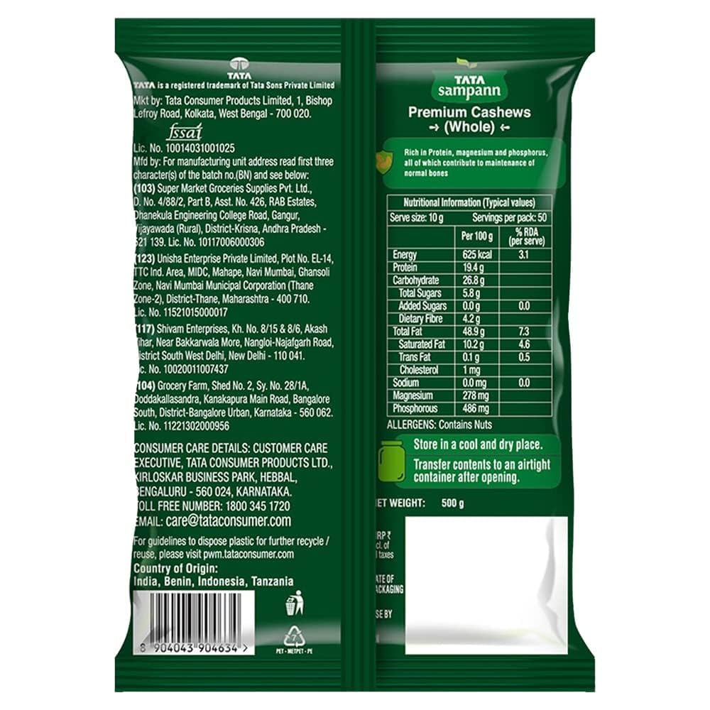 Tata Sampann Pure Cashews Whole/Kaju, 500g,