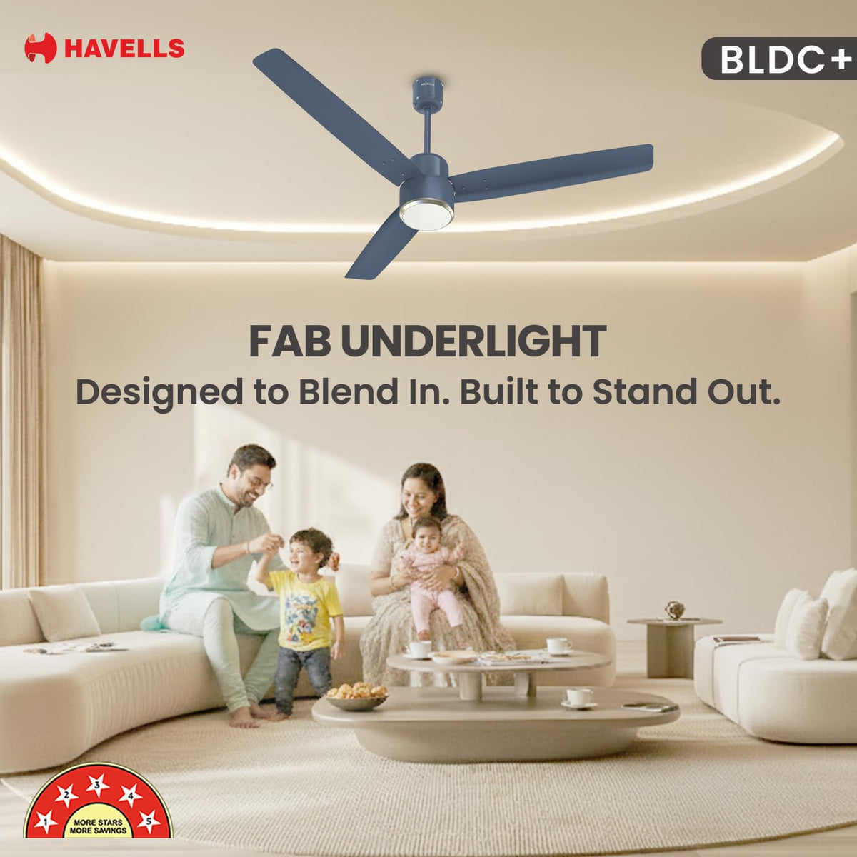 Havells FAB BLDC Underlight 1200 mm Ceiling Fan| 5 Star| Upto 65% Saving| Air Delivery: 235 cmm|Low Wattage: 30W| Low Noise|4 Speed Mode| 380 RPM| 2 Years...