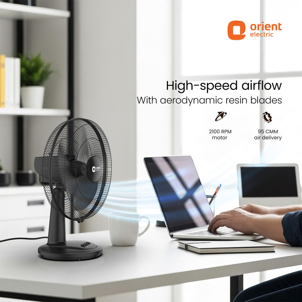 Orient Electric 400 mm Table 77 | High Speed Table Fan for Home|100% Copper Motor with Thermal Overload Protection | 90 Degree Oscillation | 3 Speed Control | Military Grade Guard | Black