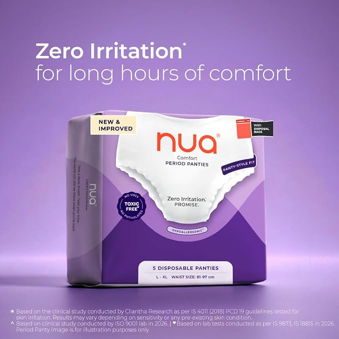 Nua Comfort Period Panties (L-XL) | Pack of 5 | Disposable | 360° Coverage | Zero Irritation | 4X Comfort | for Heavy Flow | No rashes | Leakproof | Seamless | 100% Toxic-Free White