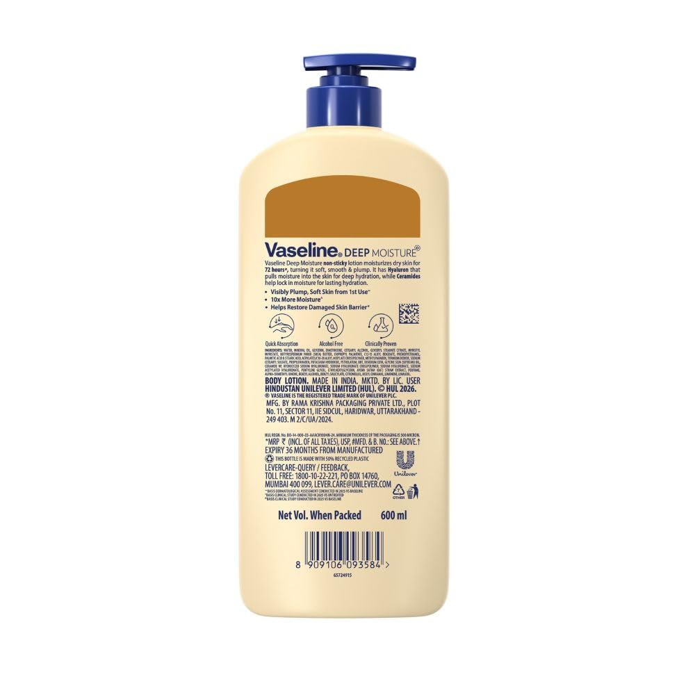 Vaseline Deep Moisture Body Lotion with Ceramide Hyaluron Fillers | 10X More Moisture for Cushion Soft Glowing Skin | For Dry Skin | Lightweight Non-Sticky...