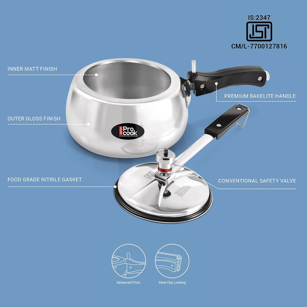 Milton Pro Cook Curve 2 Litres Pressure Cooker with Inner Lid, Aluminium, Non Induction Bottom, Handi Cooker, Silver, BIS Certified, 5 Years Warranty