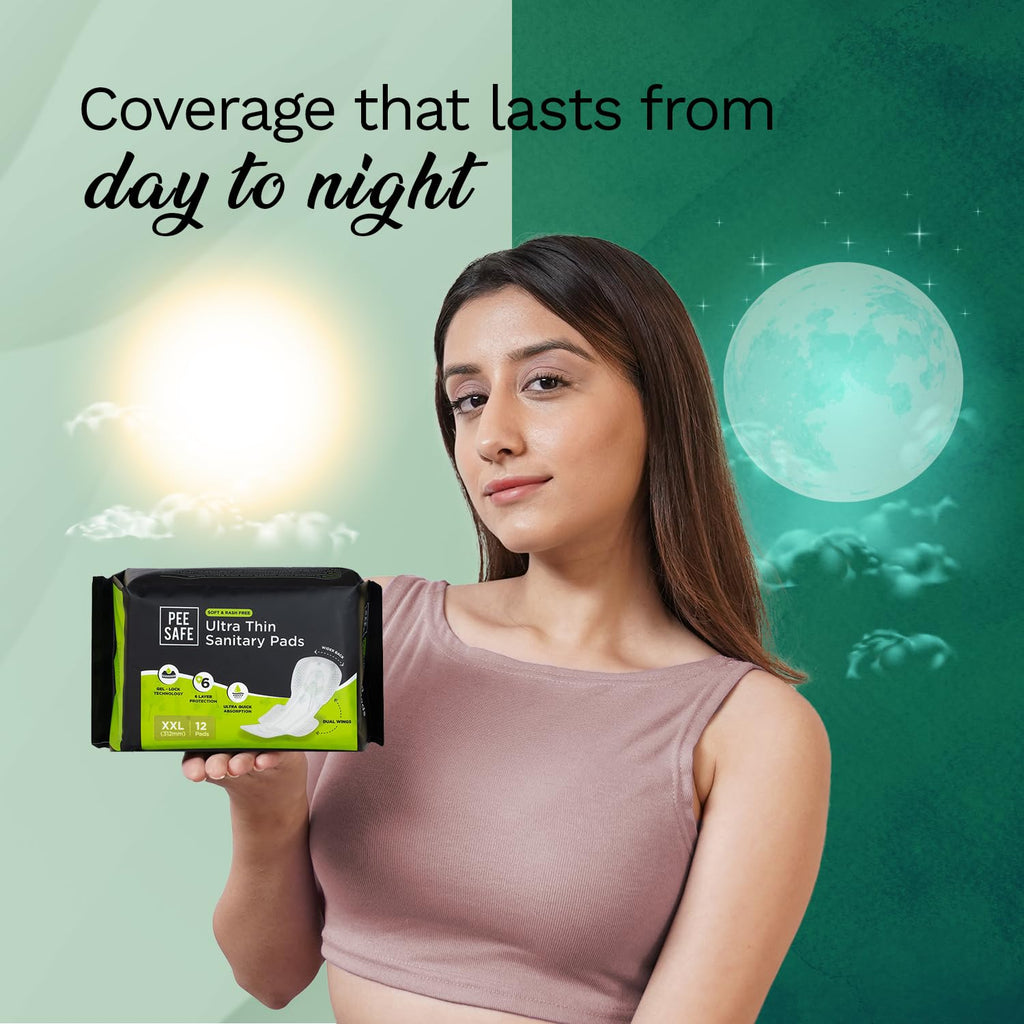 Pee Safe Comfort Ultra Thin Sanitary Pads XXL 12 Pads | Rash Free Period | Ultra Soft, Dual Wings, Toxin Free, Extra Long, Disposable Wrapper, 6 Layer Deep...