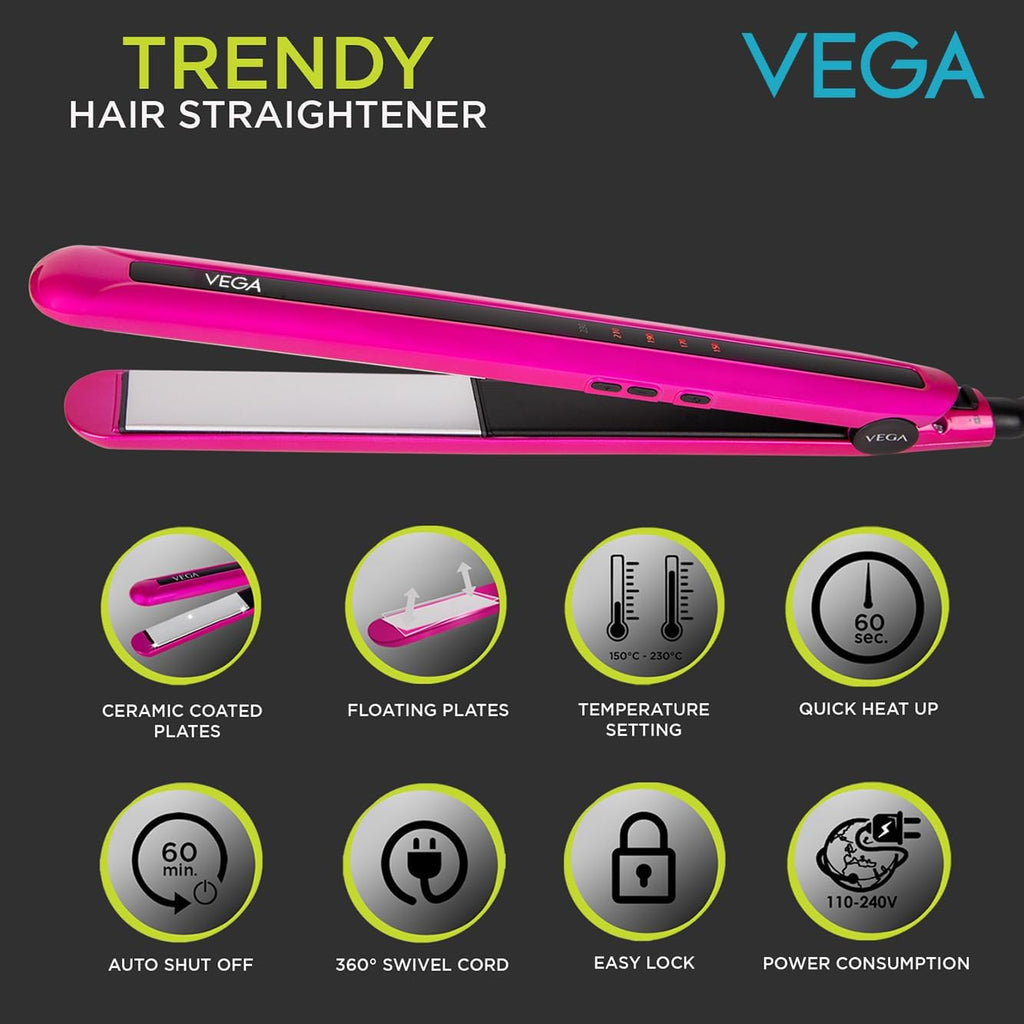 VEGA Adore Hair Straightener (VHSH-18), Colour May Vary & VEGA Trendy Hair Straightener(VHSH-16), Pink