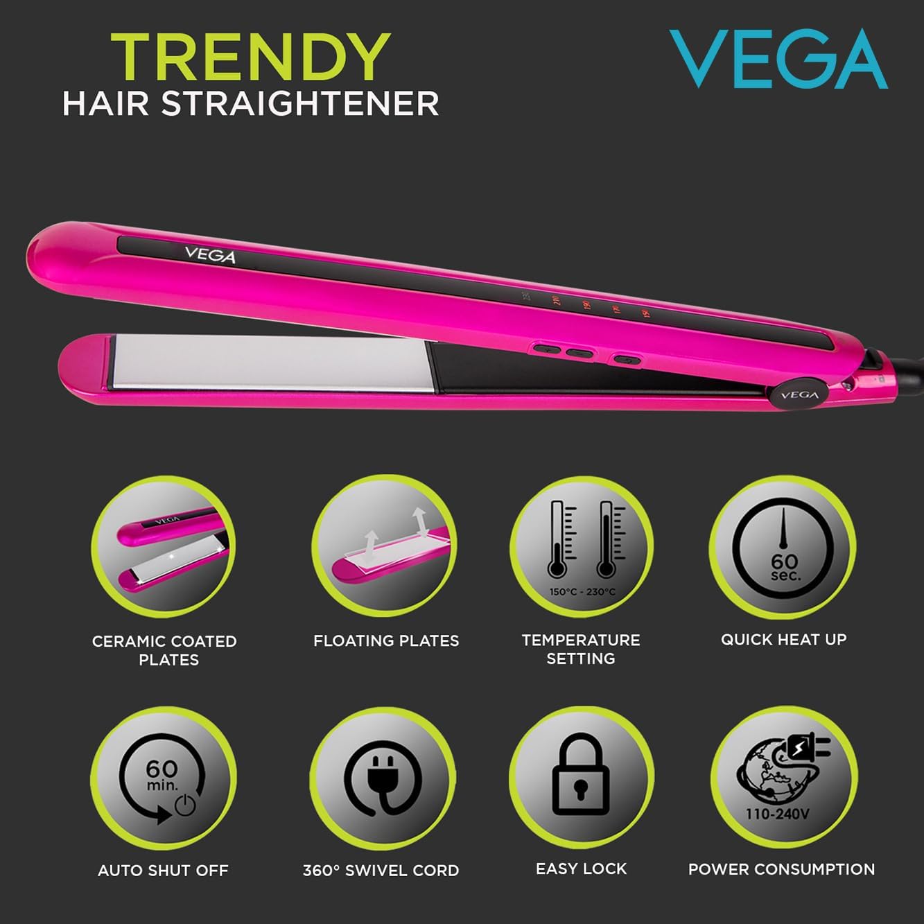 VEGA Adore Hair Straightener (VHSH-18), Colour May Vary & VEGA Trendy Hair Straightener(VHSH-16), Pink