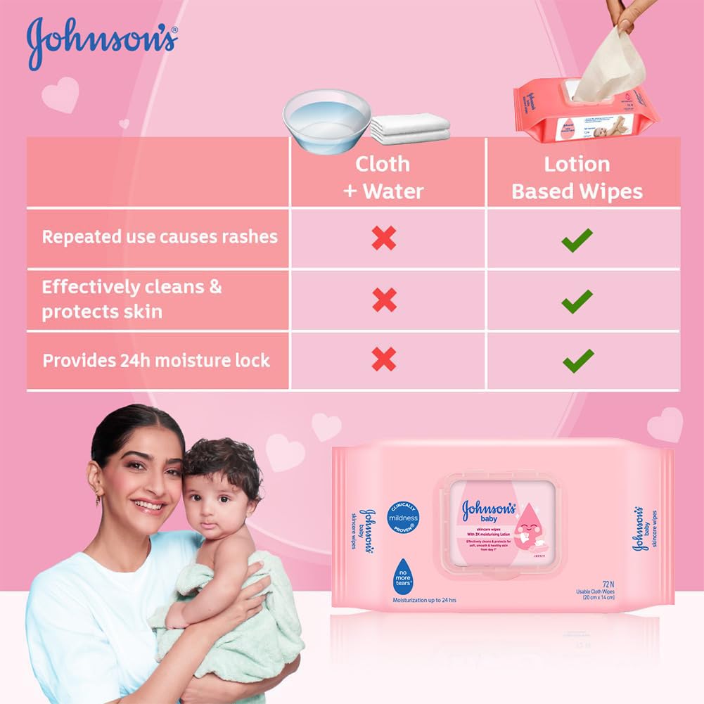 Johnson's Baby Wet Wipes | 72 Wipes | Alcohol & Soap Free | Prevents Rashes & Redness | with 3X Moisturising Lotion | As Mild as Pure Water