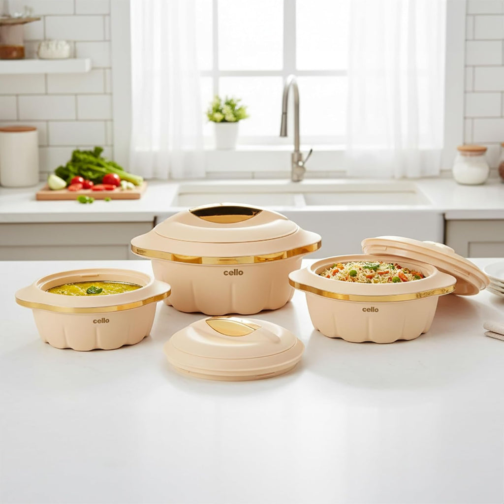 CELLO Stylus Insulated Casserole Hot Pot Box Set of 3 Pcs, Cream (500ml, 1000ml, 1500ml) |
