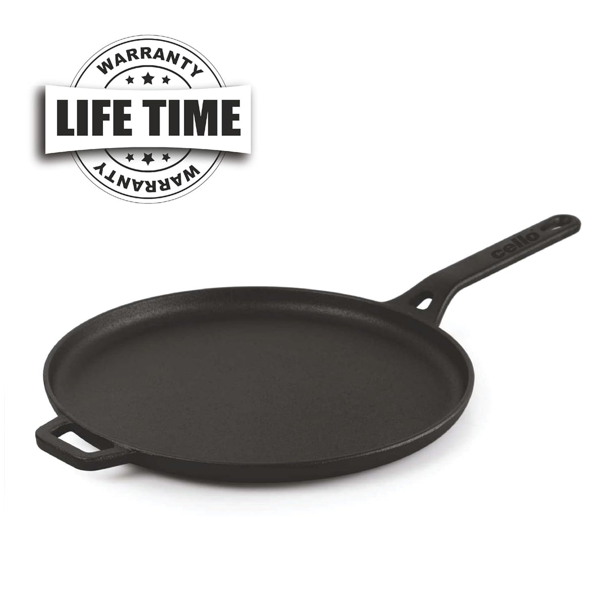 Cello Ironica Pre-Seasoned Cast Iron Dosa Tawa with Handle 28 CM, Black |