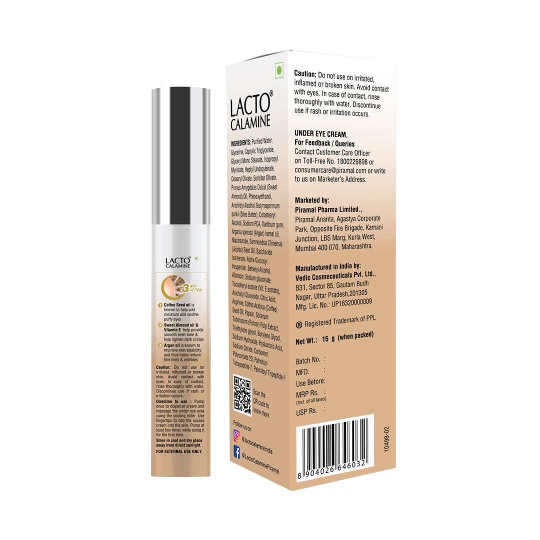 Lacto Calamine Under Eye Cream For Dark Circles for Women & Men | Fine Lines & Puffy Eyes With Cooling Massage Roller | 15g | With Coffee Oil,...