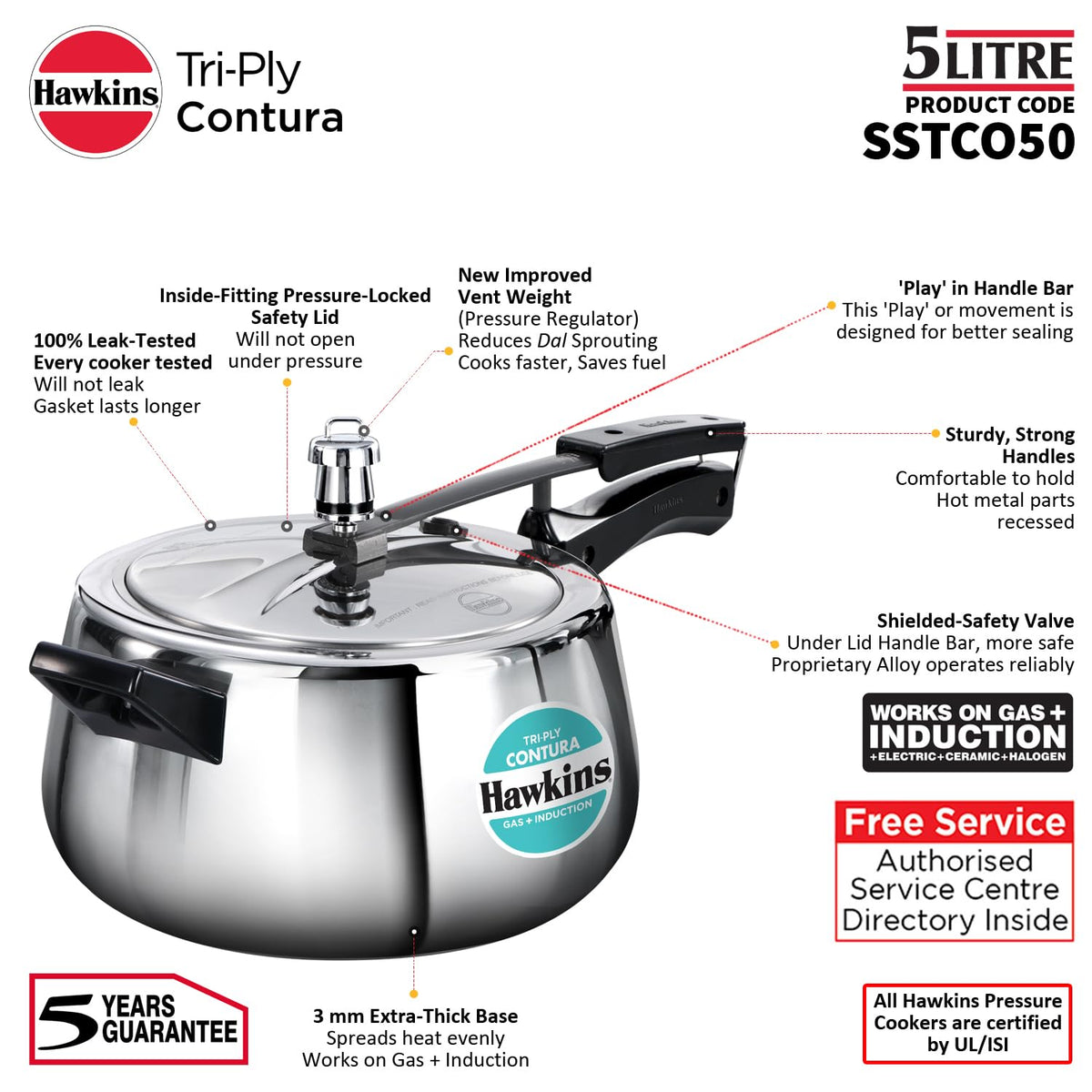 Hawkins 5 Litre Triply Contura Pressure Cooker, Triply Stainless Steel Induction & Contura shaped Cooker, Silver (SSTCO50)