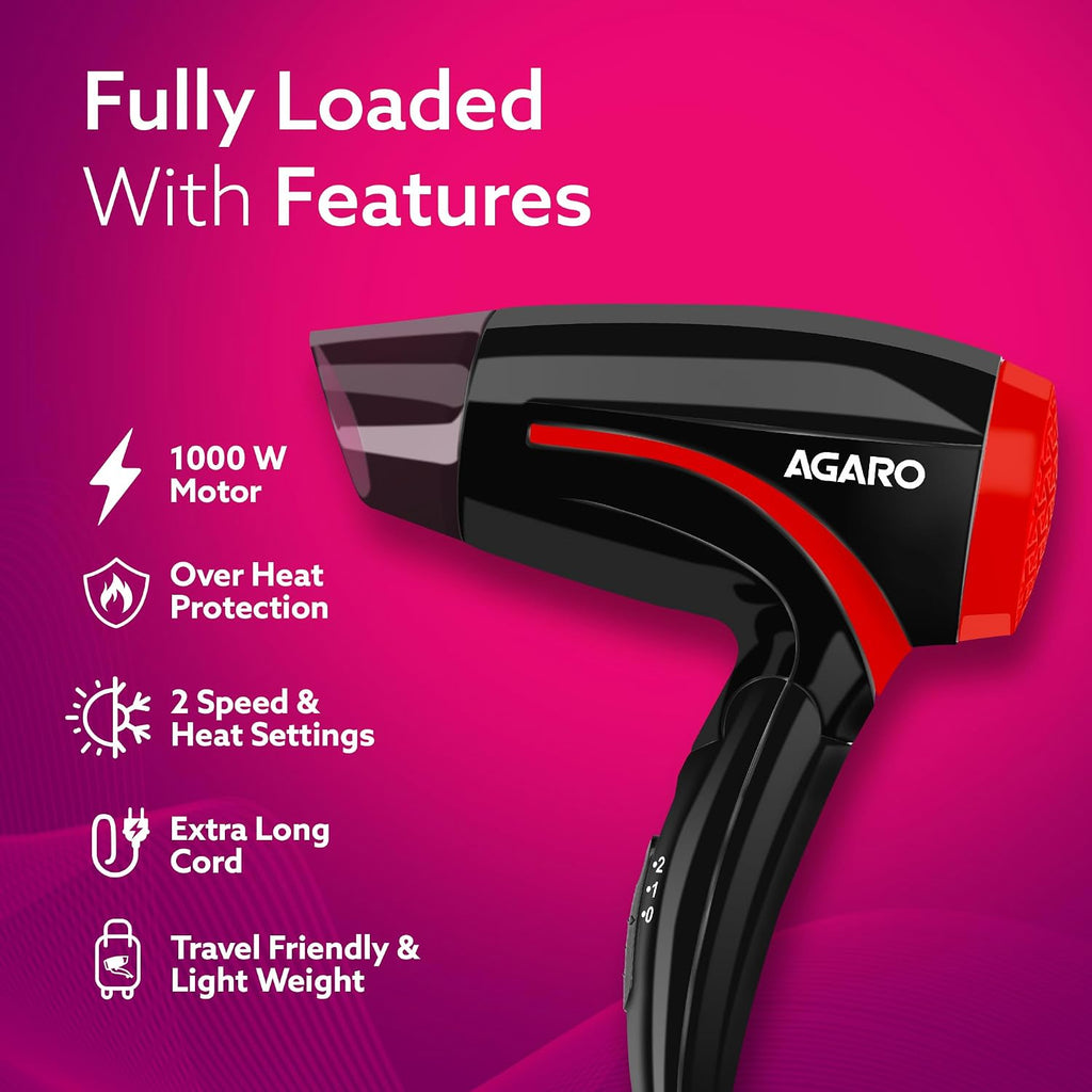 AGARO Hair Dryer with 1000 Watts Copper Motor, 2 Speed & Temperature Settings,Foldable Handle, For both Men & Women, Black & Red HD1177
