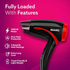 AGARO Hair Dryer with 1000 Watts Copper Motor, 2 Speed & Temperature Settings,Foldable Handle, For both Men & Women, Black & Red HD1177