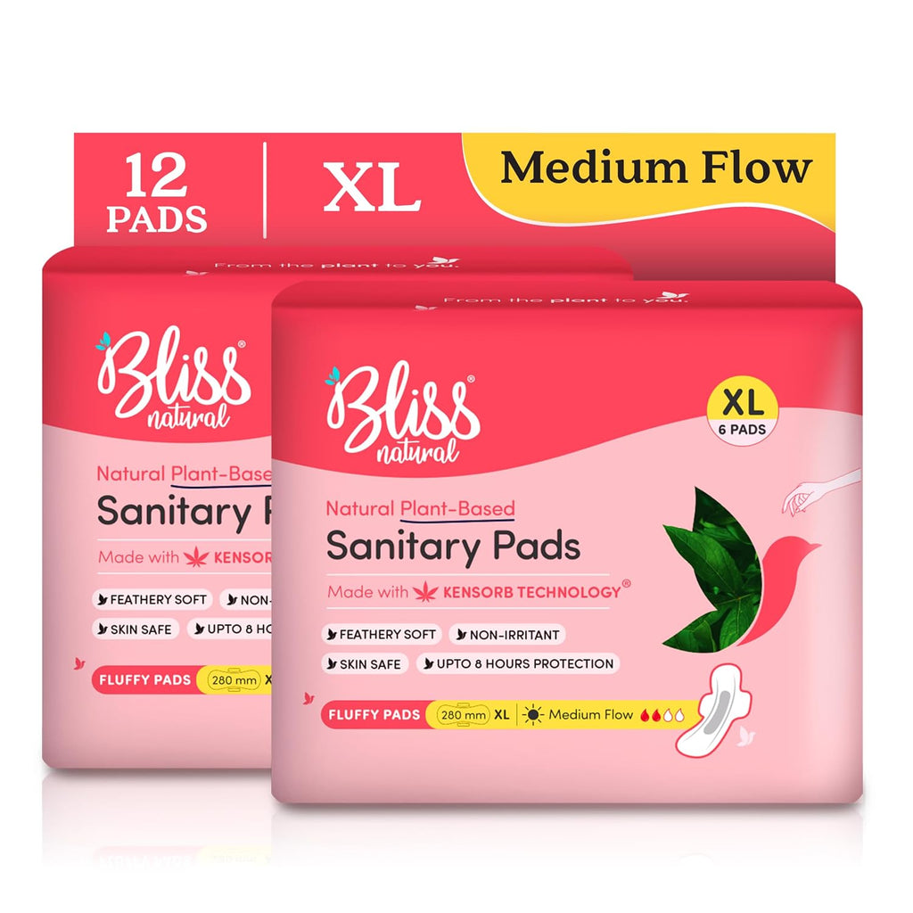BLISSNATURAL Ultra Soft Sanitary Pads for Women XL | 12 Pads (2 Pack of 6) |