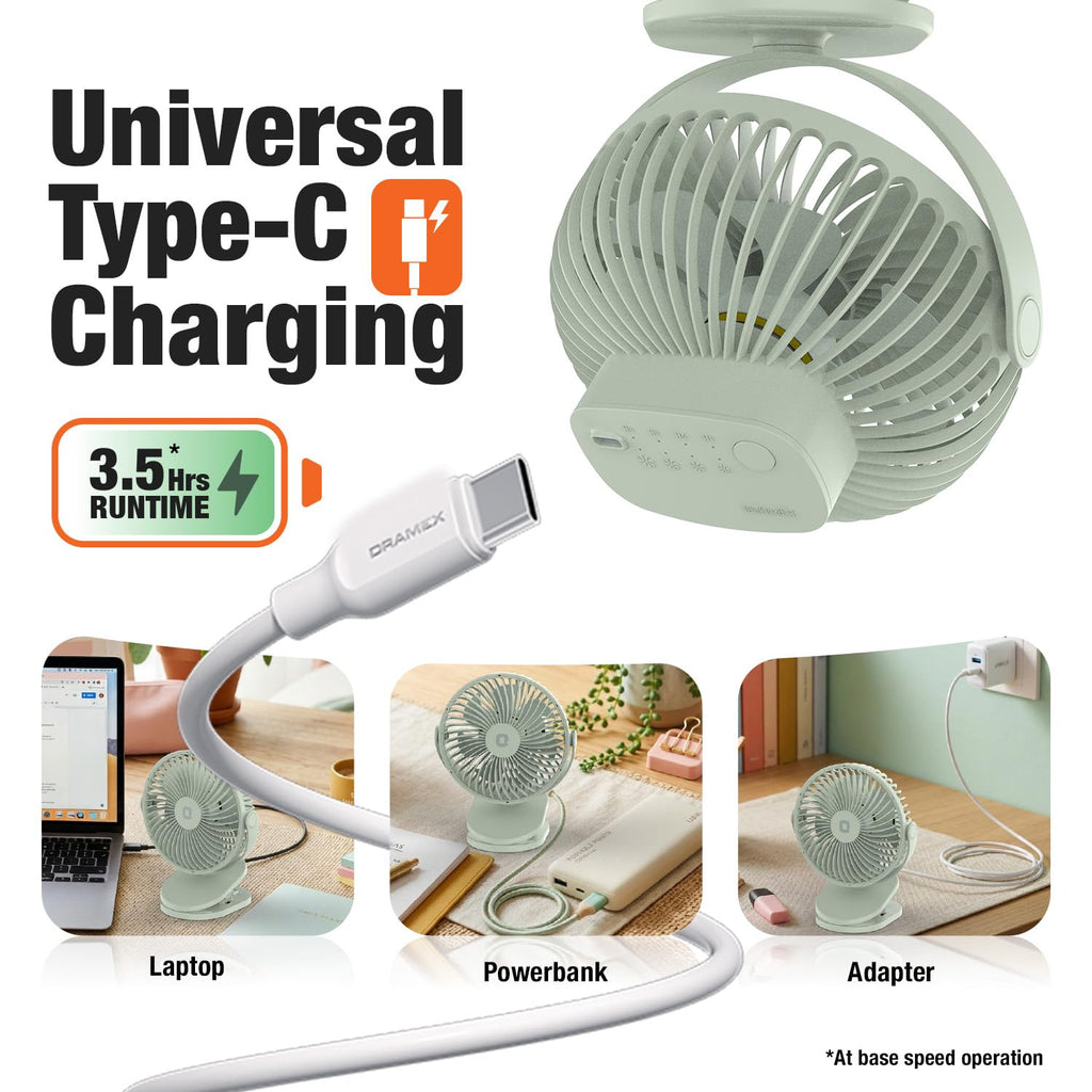 Orient Electric Orbis Rechargeable Personal Fan | 360° Rotation | 1800 mAh Battery | 4 Speed Modes with Timer | Quiet Operation | USB Type-C Charging | Clip-On Mini Fan | Matcha Green