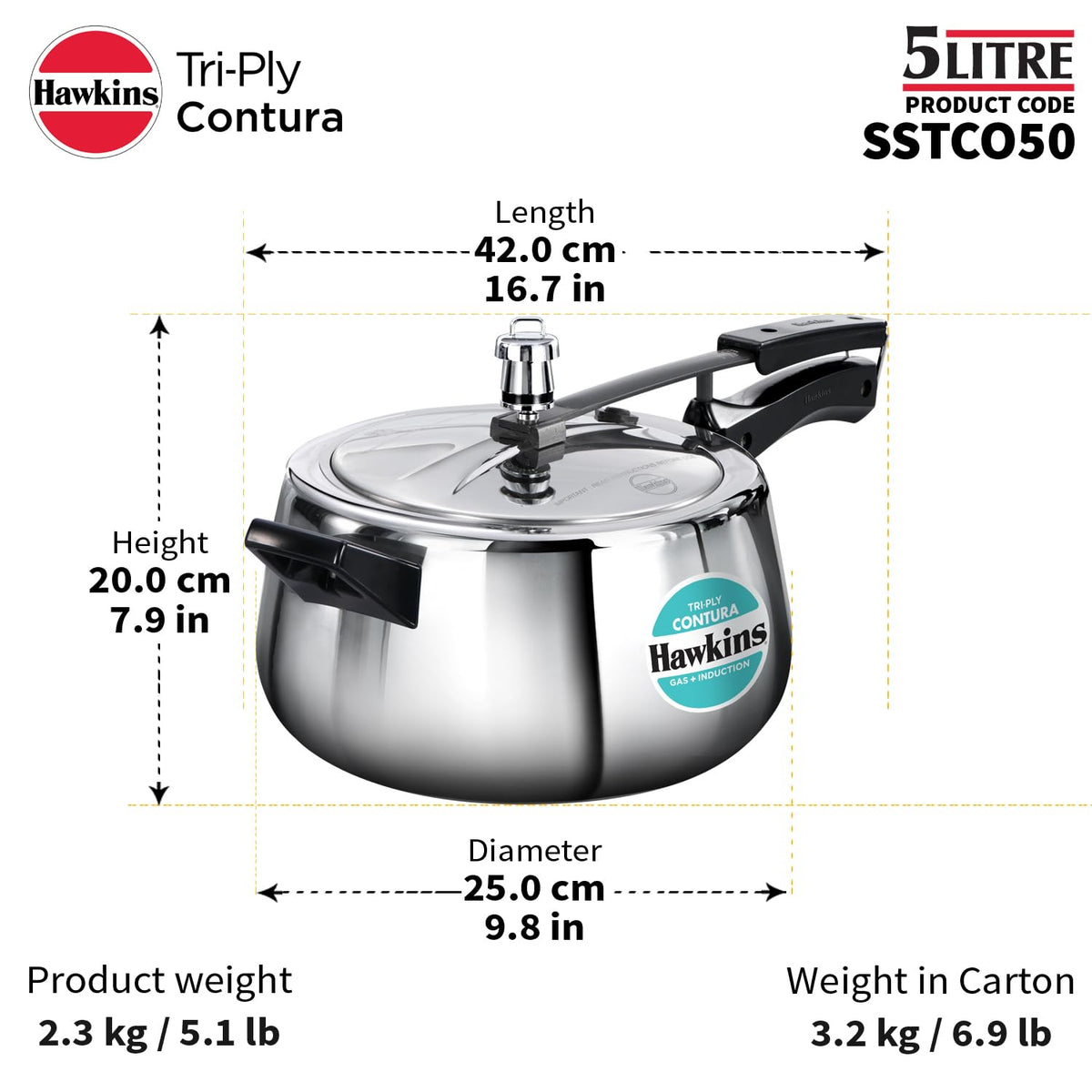 Hawkins 5 Litre Triply Contura Pressure Cooker, Triply Stainless Steel Induction & Contura shaped Cooker, Silver (SSTCO50)