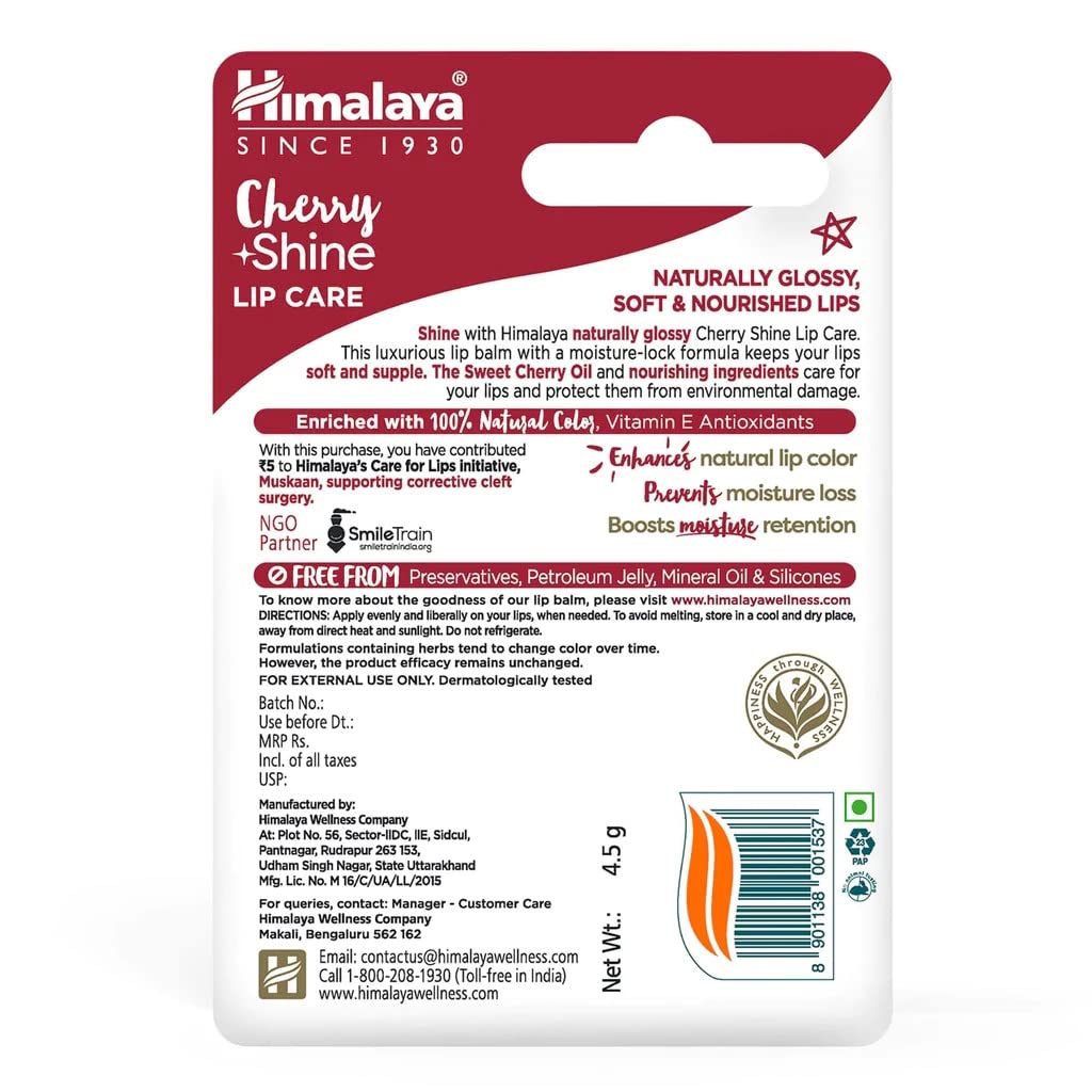 Himalaya Cherry Shine Lip Balm | 4.5gm| 100% Natural Colour | Naturally Glossy | Soft & Nourished Lips | Natural Vitamin E
