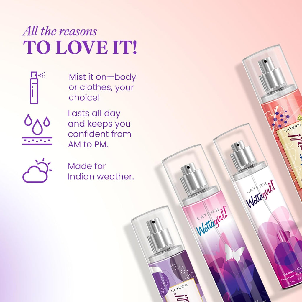 Layer'r Wottagirl 60ml Body Mist Combo for Women, Pack of 4 | Long-lasting fruity, floral & aquatic fragrance collection with citrus, peony, jasmine...