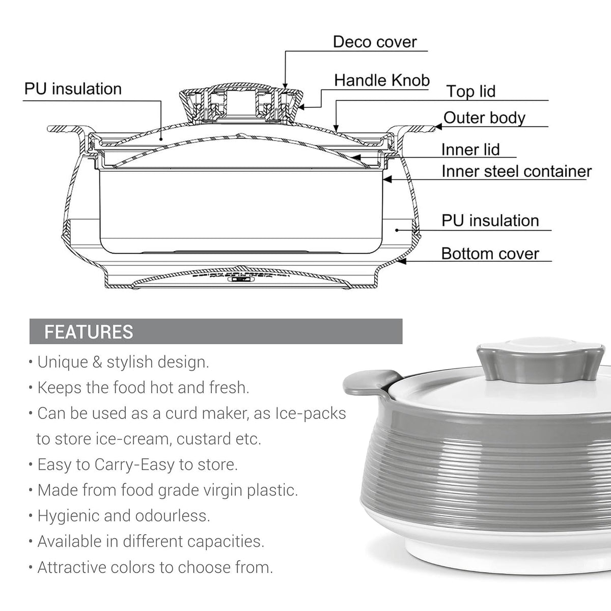 MILTON Venice 1500 Insulated Inner Stainless Steel Casserole, 1.35 litres,