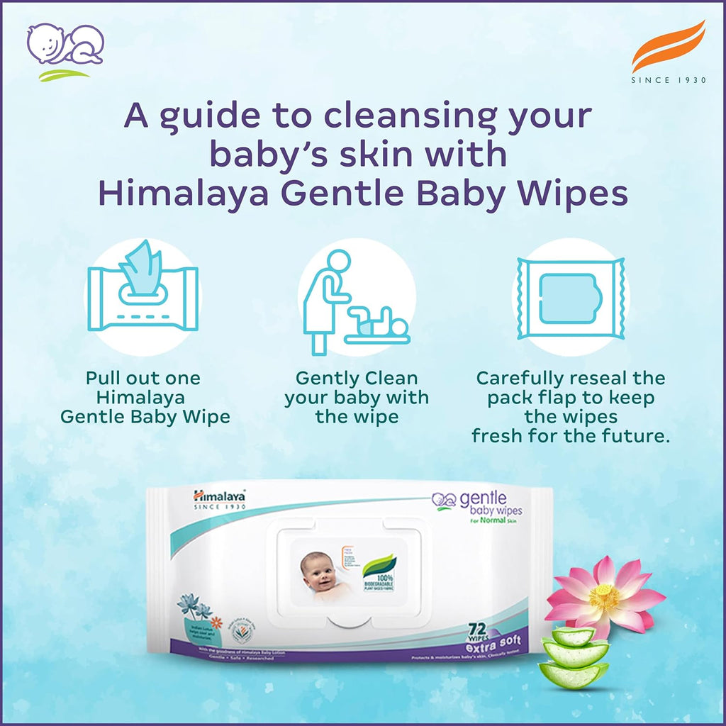 Himalaya Gentle Baby Wipes with Lid (72 x4 packs -288 Wipe) |100% Biodegradable Plant-based fabric | Indian Lotus & Aloe Vera | Skin Friendly PH| Extra Soft