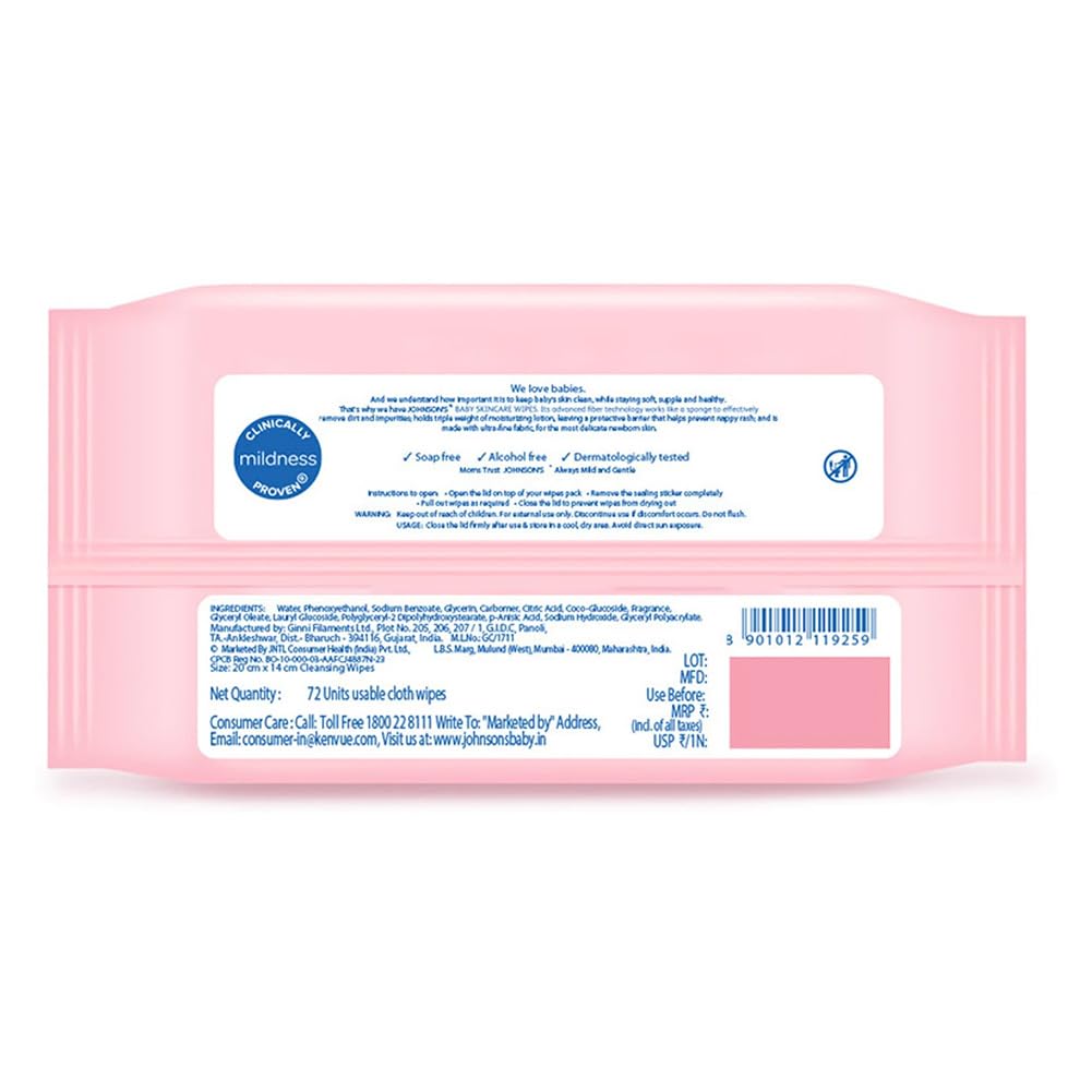 Johnson's Baby Wet Wipes | 72 Wipes | Alcohol & Soap Free | Prevents Rashes & Redness | with 3X Moisturising Lotion | As Mild as Pure Water