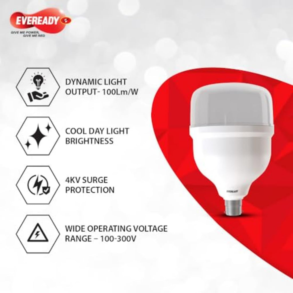 EVEREADY 40W LED Hammer Bulb, 100Lm/W, B22 Base, Cool Day Light, Pack of 4 | Energy Efficient, Mercury-Free, 4KV Surge Protection, 100 Lumens/Watt