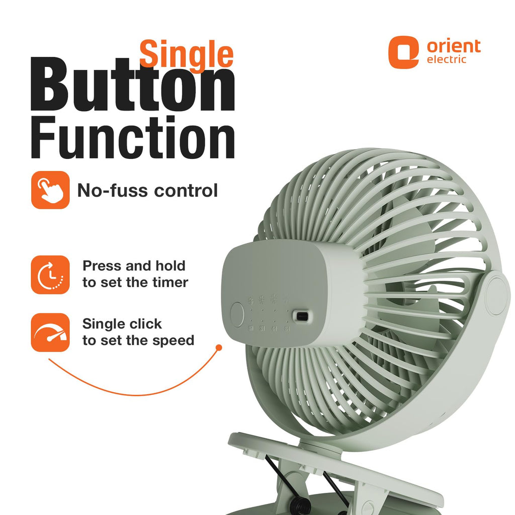 Orient Electric Orbis Rechargeable Personal Fan | 360° Rotation | 1800 mAh Battery | 4 Speed Modes with Timer | Quiet Operation | USB Type-C Charging | Clip-On Mini Fan | Matcha Green