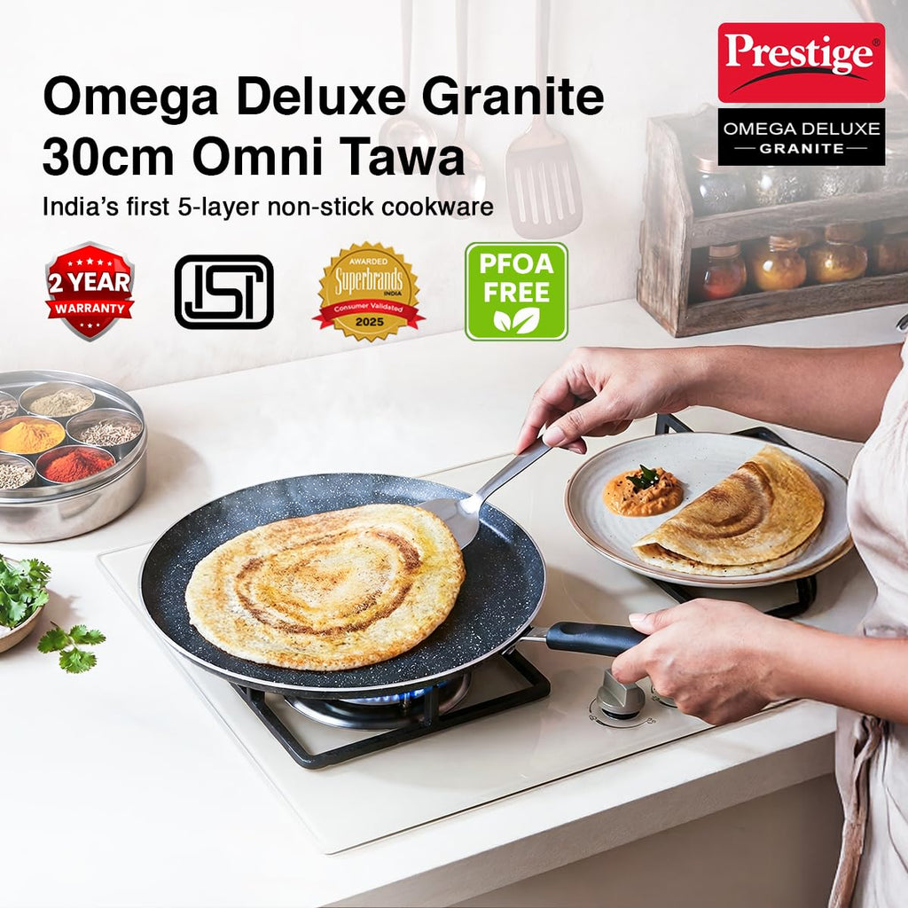 Prestige Omega Granite Non-Stick Dosa Tawa 30cm | 5-Layer Coating | Gas & Induction Compatible |