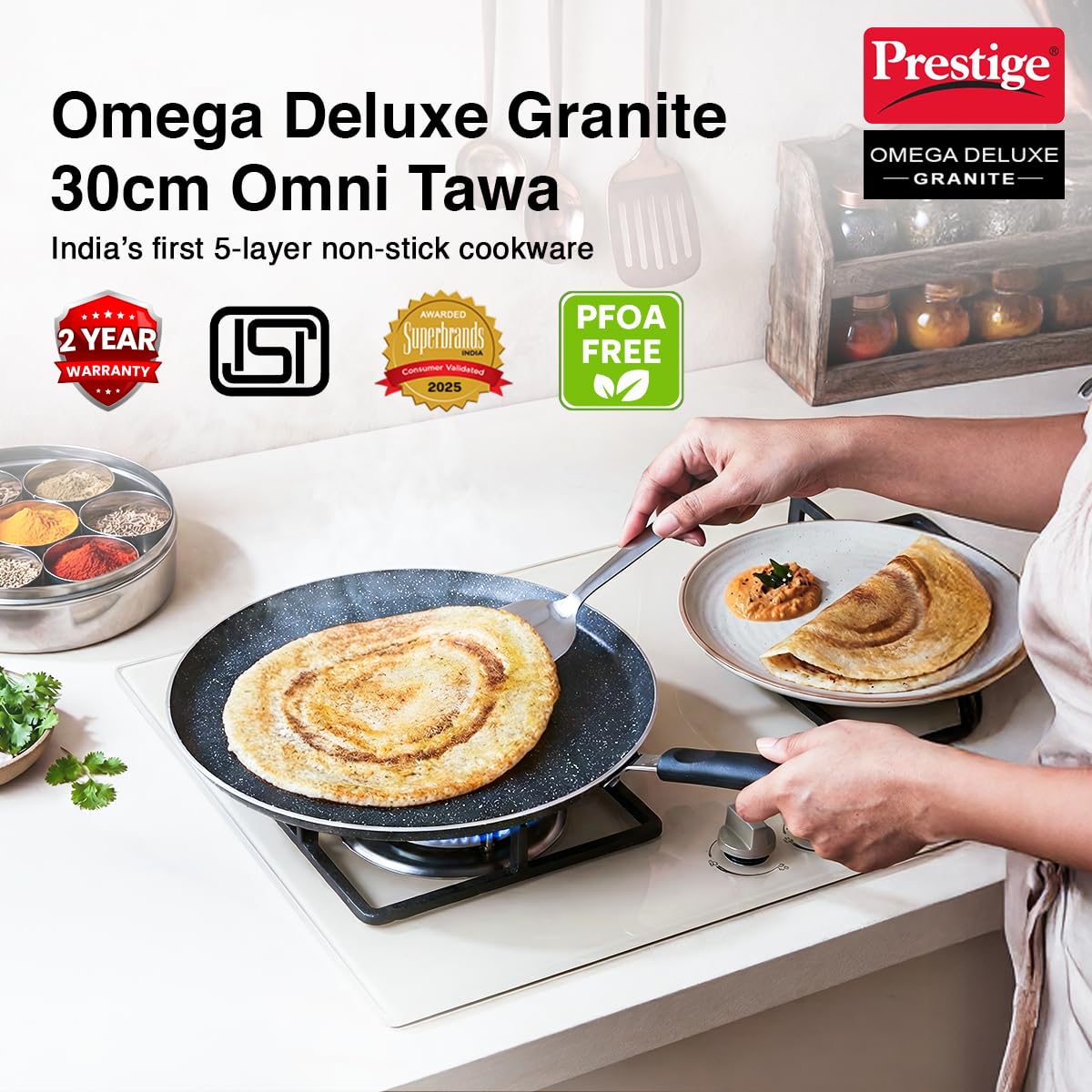 Prestige Omega Granite Non-Stick Dosa Tawa 30cm | 5-Layer Coating | Gas & Induction Compatible |