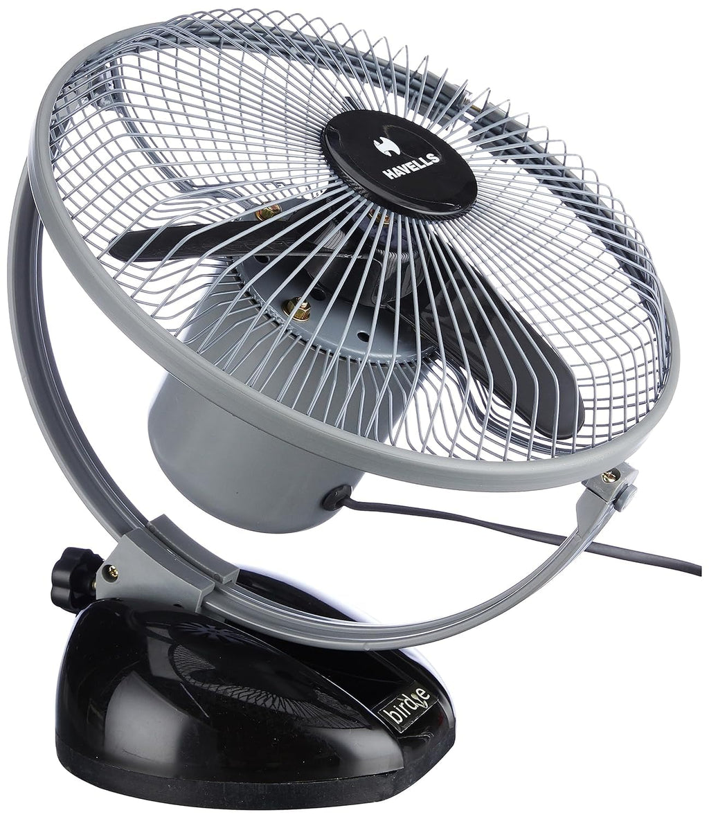 Havells Birdie 230mm Personal Fan | Aerodynamically designed, Blades with aerofoil section for maximum air | Unique rocker design, Multi use for desk & wall, Powerful motor | (Pack of 1, Black Grey)