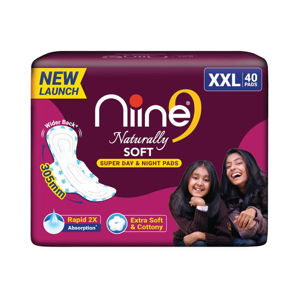 NIINE Naturally Soft XXL Sanitary Pads for Women | 40 Pads | 305MM | Cottony Soft Top Cover | Extra Coverage with Wider Back, Quick Absorption for Heavy Flow