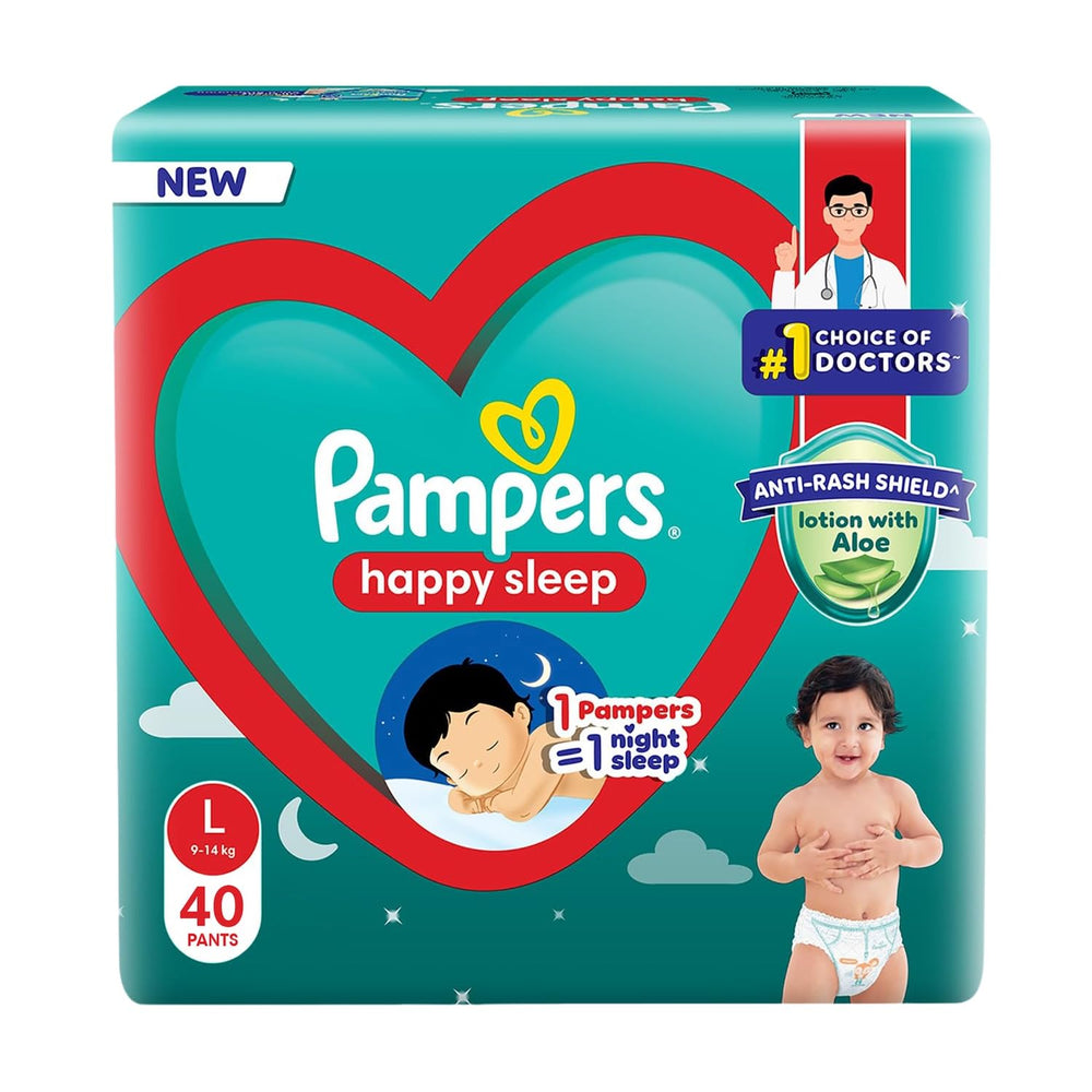 Pampers Happy Sleep Pant Style Baby Diapers, Large (L), 40 Count, 1 Pampers = 1 Night Sleep, with Anti Rash Shield, 9-14 Kg Diapers