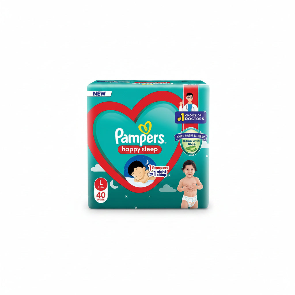 Pampers Happy Sleep Pant Style Baby Diapers, Large (L), 40 Count, 1 Pampers = 1 Night Sleep, with Anti Rash Shield, 9-14 Kg Diapers