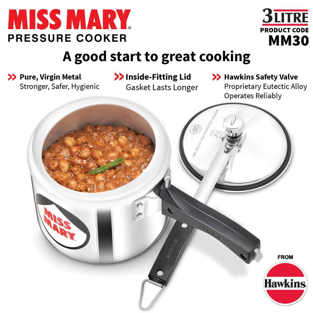 Hawkins 3 Litre Miss Mary Pressure Cooker, Inner Lid Cooker, Silver (MM30)
