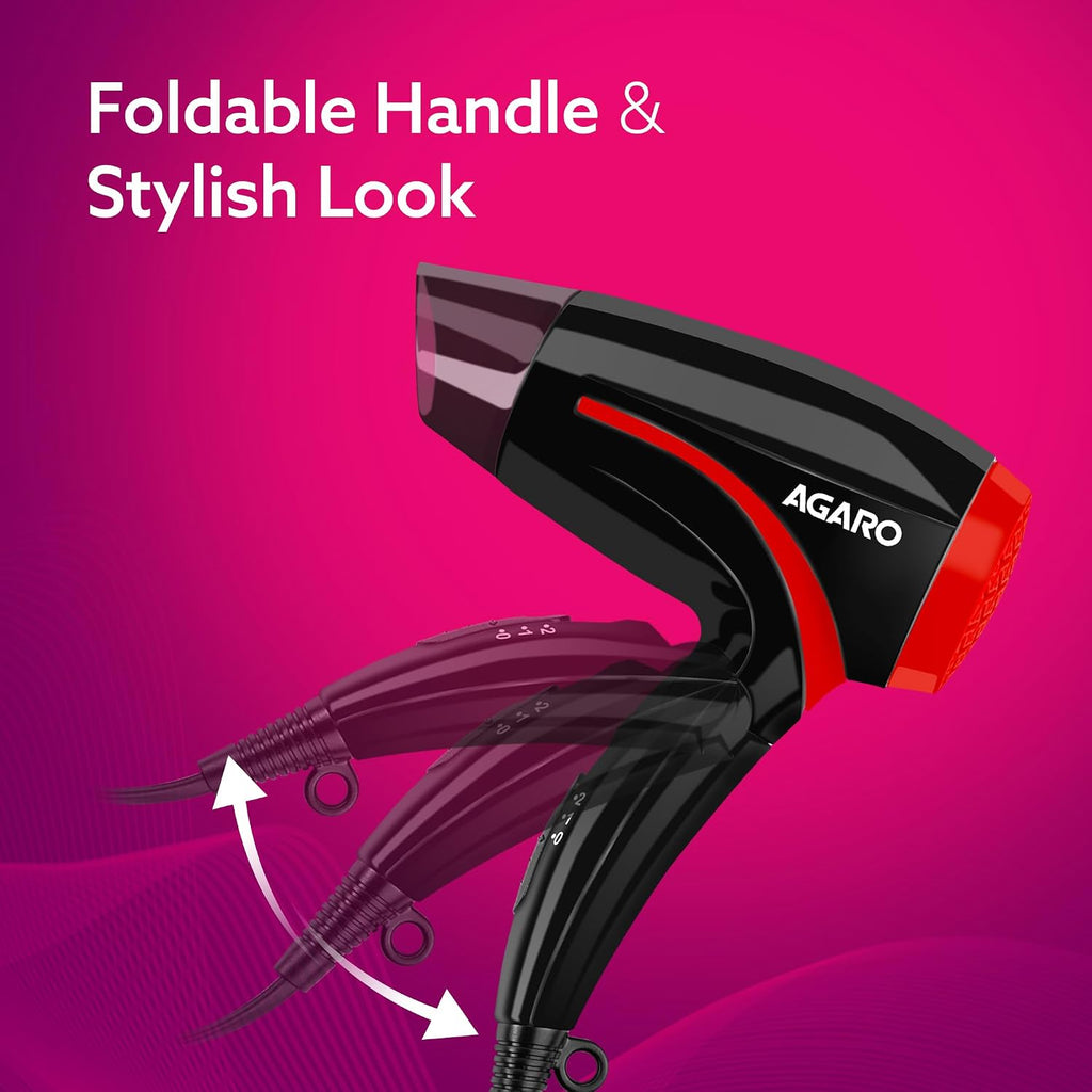 AGARO Hair Dryer with 1000 Watts Copper Motor, 2 Speed & Temperature Settings,Foldable Handle, For both Men & Women, Black & Red HD1177