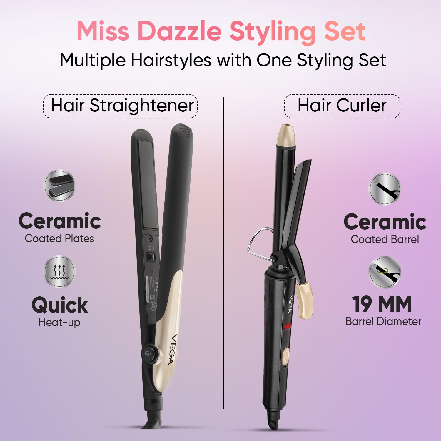 Vega Miss Dazzle Styling Set for Women, Hair Straightener with Ceramic Coated Plates & Curler Combo 19 MM Barrel Hair