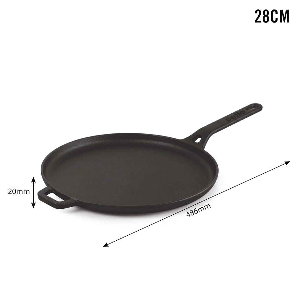Cello Ironica Pre-Seasoned Cast Iron Dosa Tawa with Handle 28 CM, Black |