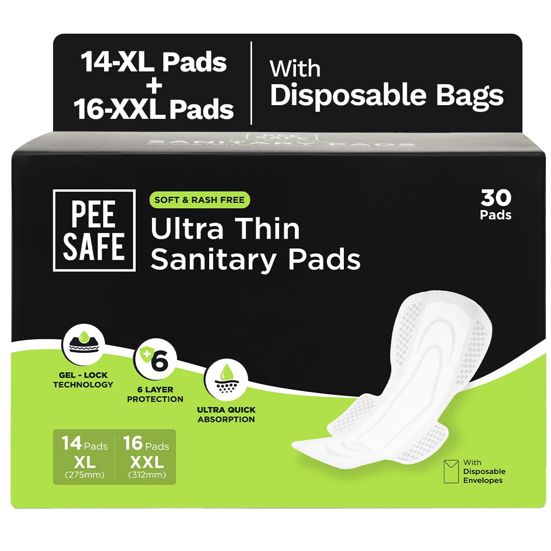 Pee Safe Comfort Ultra Thin Pads Assorted | 30 Pcs (14 XL+16 XXL) Dual Wing | Ultra Soft, Toxin Free, Extra Long, Disposable Wrapper, 6 Layer Deep...