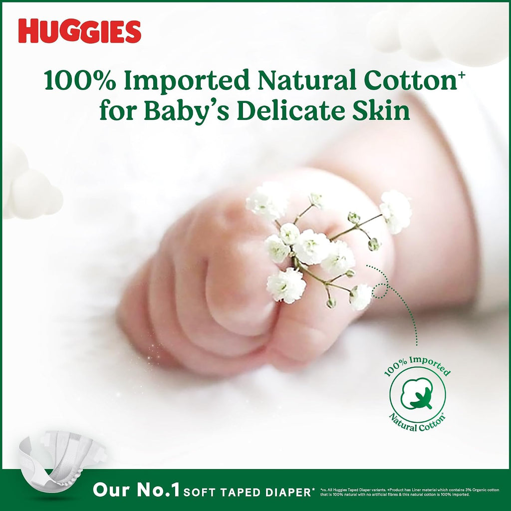 Huggies Natural Soft Premium Tape Diapers Newborn/Extra Small (NB/XS) Size, Upto 5 kgs, 64 Count | Our No.1 Soft Taped Diaper with Cloud Soft Bed, designed for Newborns with Runny Poo Absorption