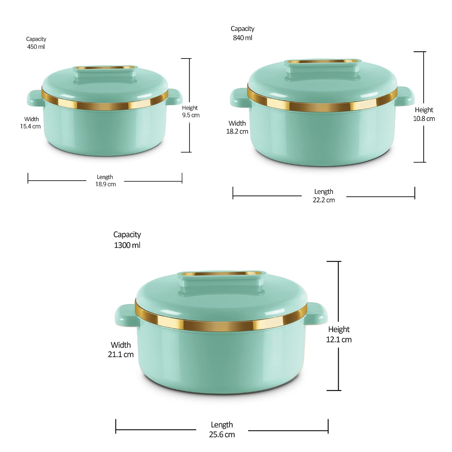MILTON Curve Inner Stainless Steel Casserole Set of 3 (450 ml, 840 ml, 1300 ml), Light Green |